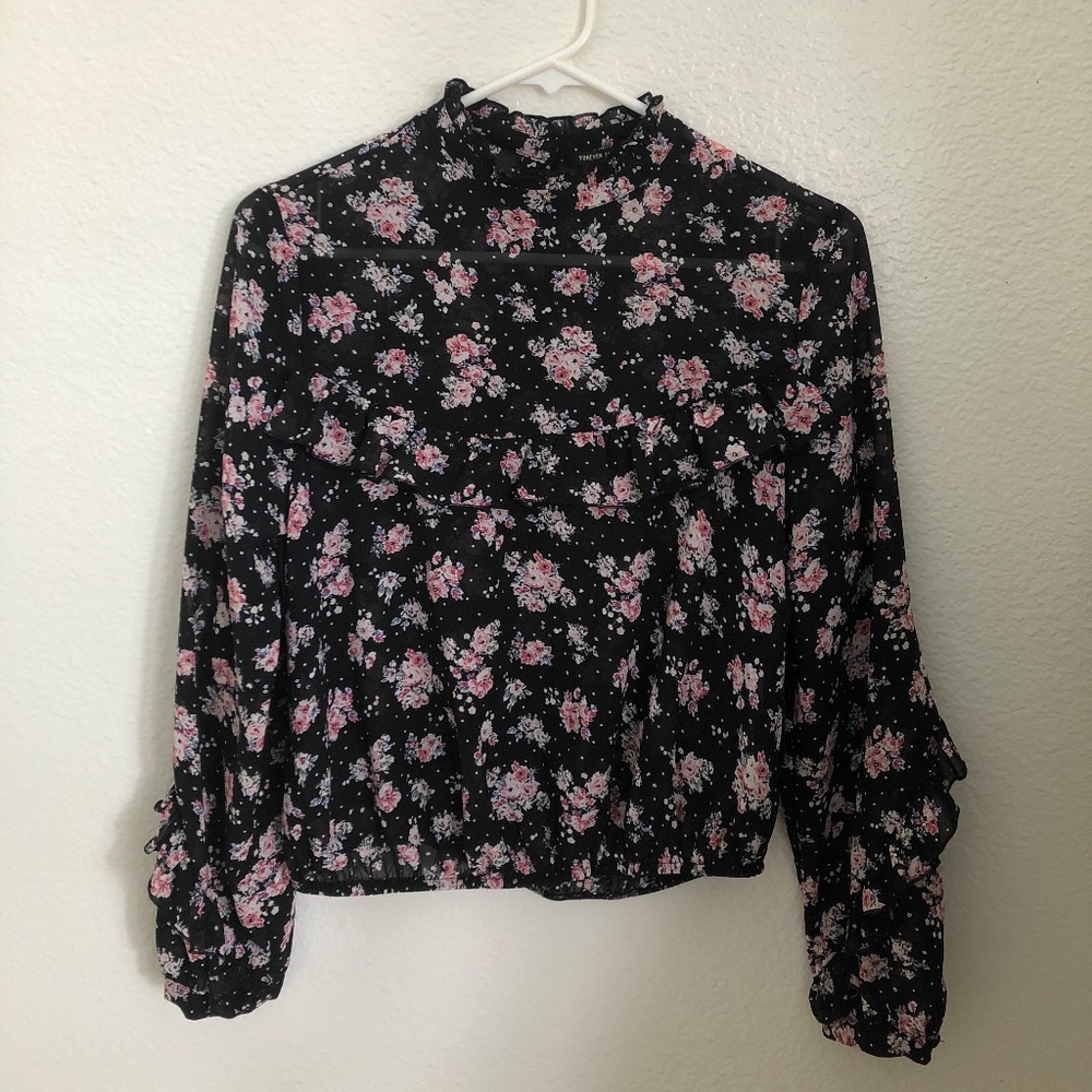 Forever 21 Black Longsleeve Blouse w/ Floral Print